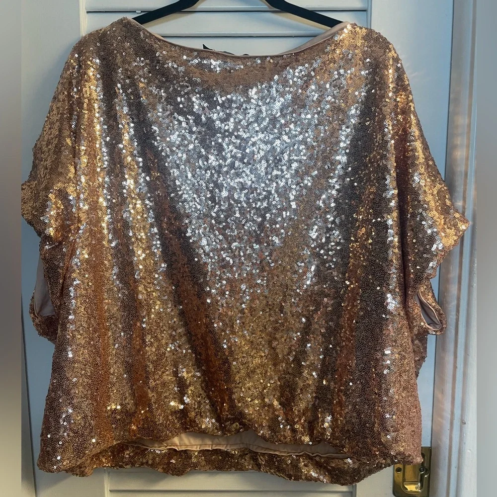 New York & Company Rose Gold Sequined Short Sleeve Balloon Hem Blouse XXL - Picture 4 of 7